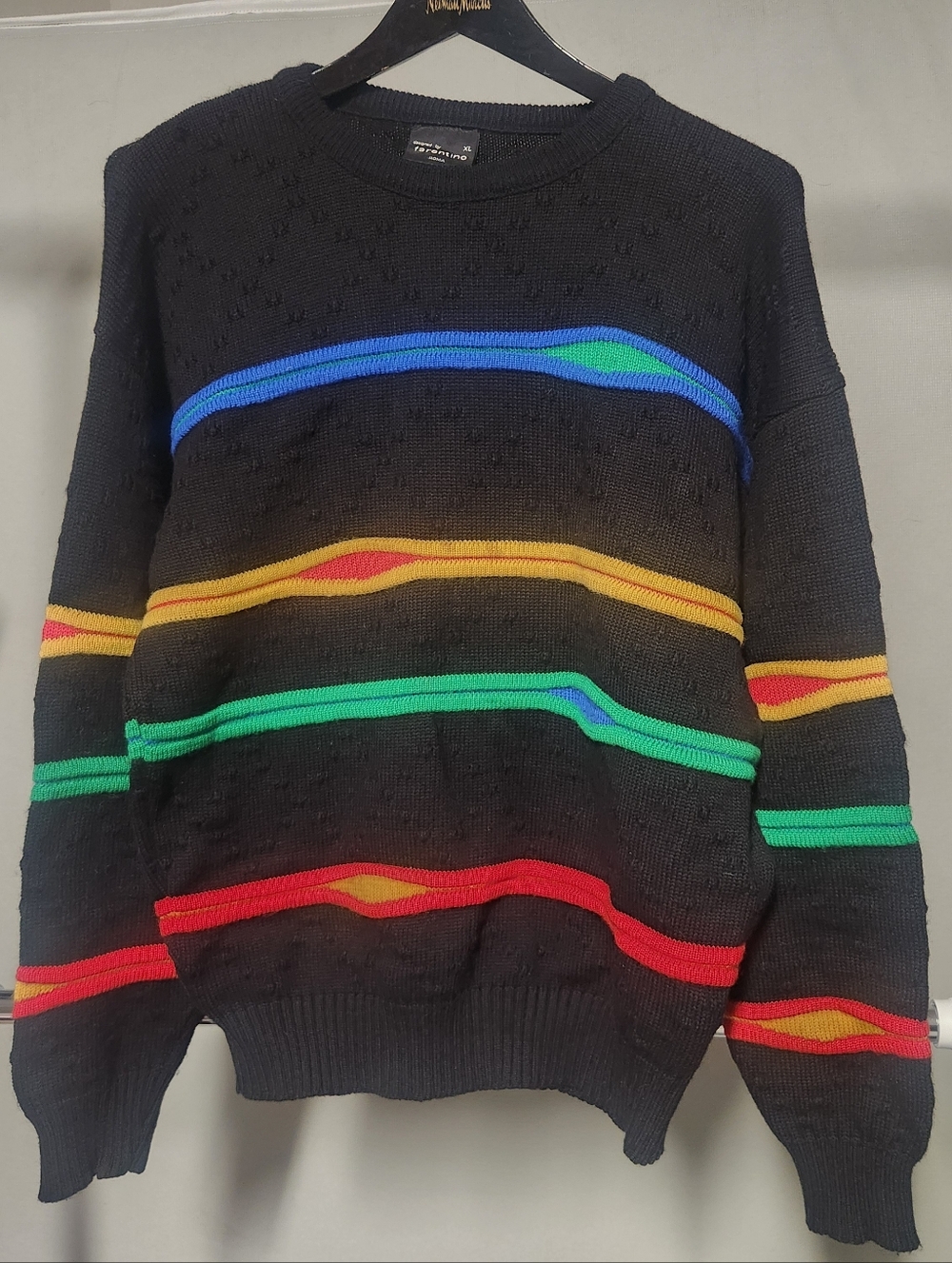 Vintage 1970’s Farentino Op Art Black Background Texture Mod Wool Sweater XL